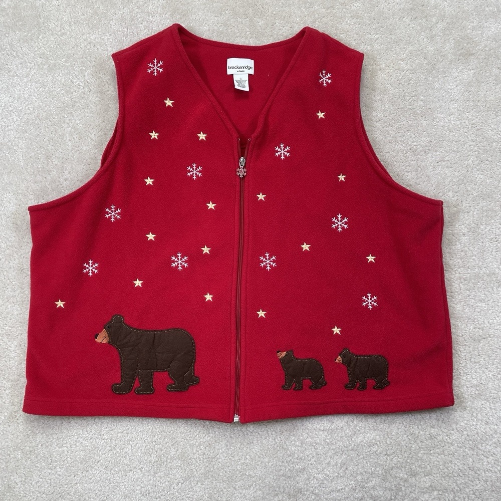Breckenridge Holiday Sweater Vest Women's Size 3X Red Bear Snowflake Zip Up